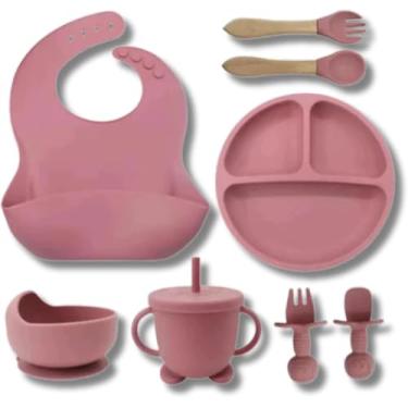 Imagem de Kit Introdução Alimentar Bebe 8 Peças Silicone Iniciação infantil Para Alimentos Livre de BPA Atóxico Seguro Sem Pontas Colher, garfo, copinho, pote e pratinho apartir 6 meses. (Rosa)