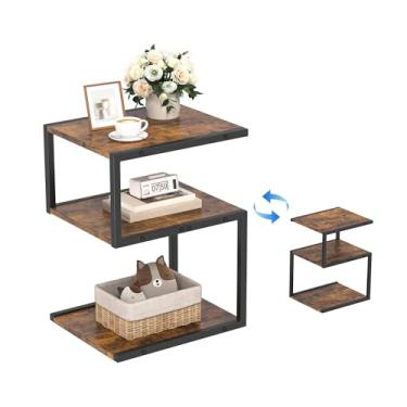 Imagem de Fxacyem Mesa lateral em forma de S de 3 camadas, mesa de cabeceira minimalista para espaços pequenos com armazenamento aberto, mesa de canto estreita para sala de estar, quarto, marrom rústico