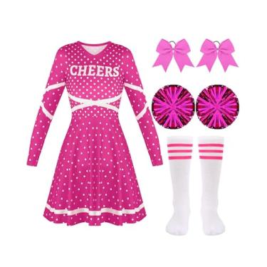 Imagem de Haysandy Conjunto de 4 peças de fantasia de líder de torcida para meninas, vestido de líder de torcida, pompons e meias listradas para cosplay de Halloween (10 a 11 anos)