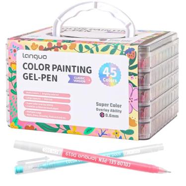Imagem de Canetas de gel para colorir, pacote com 45 canetas coloridas para papel preto e papel branco, canetas de ponta fina de 0,6 mm para colorir, escrever, desenhar, diário, anotações, escola, escritório