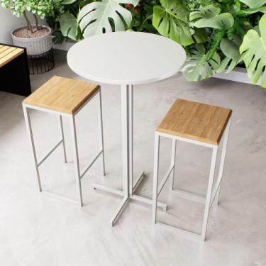 Imagem de Conjunto Mesa Alta Bar Bistrô Redonda Branca 2 Bancos Pinus Industrial
