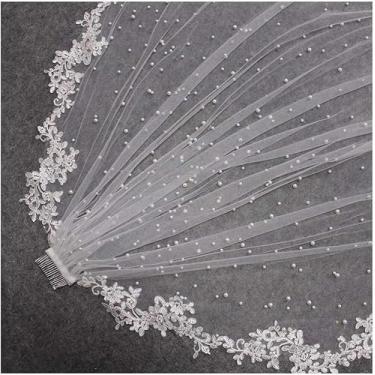 Imagem de Véus De Noiva Nupcial Pérolas Véu De Noiva Com Apliques De Renda Borda 2,5 Metros De Comprimento Véu De Noiva Com Véu De Pente Para Noiva Lindo Tule Nupcial, White, 200cm