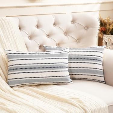 Imagem de Virexen Boho Capas decorativas para almofadas lombares 30,5 x 50,8 cm, conjunto de 2 capas de almofada listradas, bege e azul marinho, para cadeira, sofá, quarto, decoração de casa (sem enchimento)