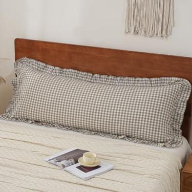 Imagem de YHJWW Capa de travesseiro com babados verde guingão 100% algodão lavado como linho macio e confortável 1 pacote capa de almofada decorativa xadrez xadrez fofa (50 x 137 cm, fecho de envelope)