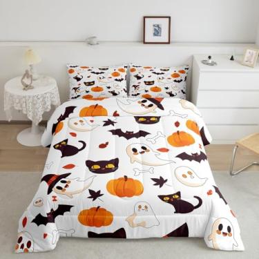 Imagem de Feelyou Jogo de cama solteiro de Halloween, fantasmas, abóbora, para meninos, meninas, adolescentes, gótico, gato preto, morcegos, capa de edredom branco respirável, macio e leve de microfibra