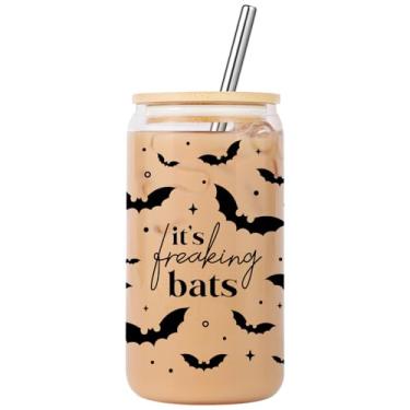 Imagem de Lovearth Copo de morcegos de Halloween, copo de café gelado de morcego gótico, copo de vidro de Halloween de 473 ml com tampa e canudo, presentes assustadores, presentes fofos de Halloween para