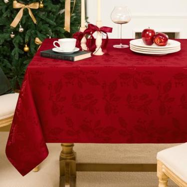 Imagem de Softalker Toalha de mesa jacquard de Natal – Toalha de mesa retangular damasco vintage de inverno à prova d'água, tecido de poliéster azevinho de Natal, decoração para férias, jantar, festa - vermelha