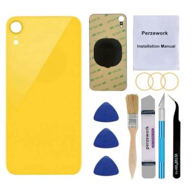 Imagem de Perzework Substituição de vidro traseiro OEM para iPhone XR de 6,1 polegadas com kit de ferramentas de reparo e adesivo pré-instalado (amarelo)