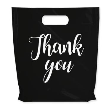 Imagem de Slomg 100 peças de sacos de plástico Thank You para pequenas empresas, 23 x 28 cm, sacos de compras pretos com alças, saco de embalagem de presente reutilizável extra grosso para boutique, roupas