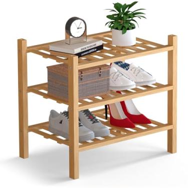 Imagem de Haddockway Pequeno organizador de armazenamento de sapatos de bambu de 3 níveis, prateleira empilhável multifuncional com painel de grade para armário, corredor, entrada, espaço pequeno 46 x 28 x 43