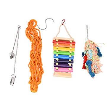 Imagem de GLOGLOW Brinquedo de pássaro, 4 peças de brinquedos de pendurar para frango, bolsa de rede de xilofone, suporte para pendurar brinquedos para papagaio de frango