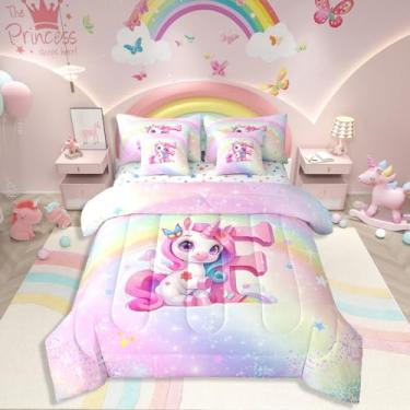 Imagem de Jogo de cama solteiro de unicórnio arco-íris, unicórnio roxo, para meninas, monograma, letra F, para decoração de quarto de adolescentes, crianças e adultos, adorável edredom gradiente com glitter