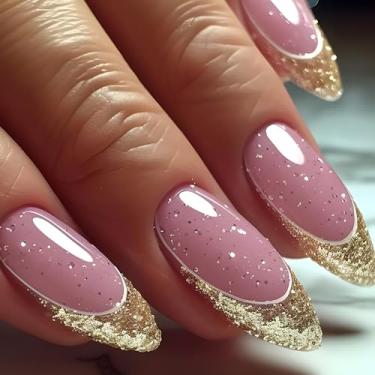 Imagem de RIICFDD Unhas postiças médias em formato de amêndoa, rosa, brilhante, cola nas unhas, dourada, purpurina, ponta francesa, cobertura total, para mulheres, meninas, 24 peças
