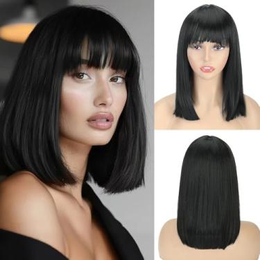Imagem de QUEENTAS Peruca feminina bob preta de 33 cm, comprimento dos ombros, bob, com franja, aparência natural, comprimento médio, cabelo sintético, sem cola, para festas diárias (preta/nº 1