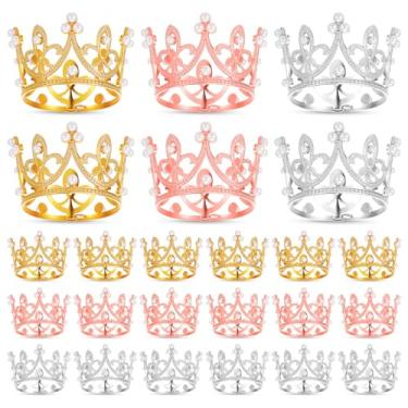 Imagem de Conjunto de 24 peças de mini coroa de topo de bolo - pequenas coroas para artesanato, mini coroas para cupcakes, decoração de coroa pequena para festa de casamento de aniversário de princesa (ouro