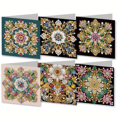 Imagem de MaiYiYi 6 pacotes DIY Mandala Diamond Art Cards, flor forma especial broca pintura diamante cartões comemorativos com kit de envelopes, cartão de agradecimento para familiares amigos férias