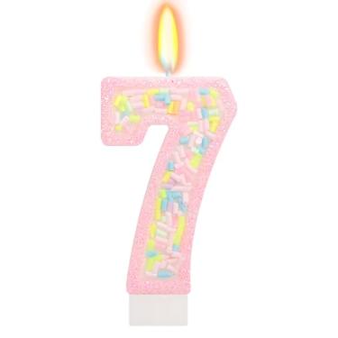 Imagem de ElekFX Vela de aniversário número 7 com granulados, topo de bolo arco-íris de unicórnio rosa pastel, decorações de festa Sweet Candyland para meninas e meninos 7 anos