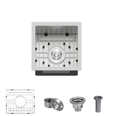 Imagem de Pia de barra de aço inoxidável 304 de 38 x 38 cm, pia de cozinha de tigela única profunda, borda integrada multifuncional, pia de estação de trabalho feita à mão com acessórios