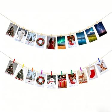Imagem de Exibição de fotos pendurada com clipes, decoração de parede, banner de imagem de guirlanda de contas de madeira, suporte de colagem, cartão de colagem, suporte de arte infantil, cordão de foto com 20