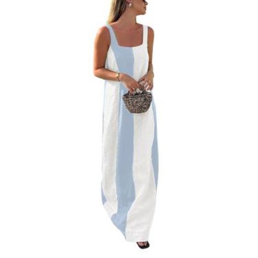 Imagem de Vestido feminino CHARTOU, de verão, sem mangas, linho, azul, tamanho S