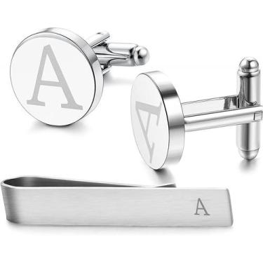 Imagem de Abotoaduras iniciais gravadas em aço inoxidável e barra de clipe de gr