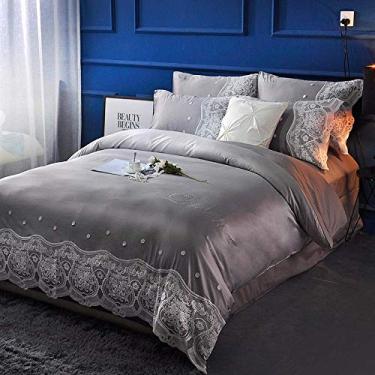 Imagem de AKALNNB Conjunto de lençóis de cama de 4 peças de renda de seda lavada, terno de quatro peças de algodão puro para casamento-zilver cinza_1,5-1,8 m capa de edredom 200 230