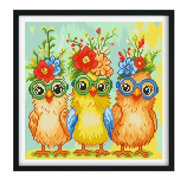 Imagem de Zhenqing Kit de ponto cruz Modern Chicks - Tecido pré-impresso de 11 CT 35 x 35 cm com linhas e agulha (design hipster de frango) (70010)