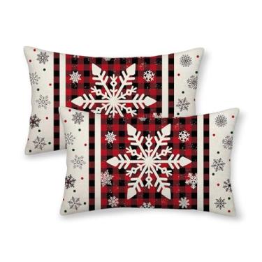 Imagem de Capas de travesseiro de Natal 30,5 x 50,8 cm, conjunto de 2 almofadas xadrez de búfalo, floco de neve, decoração ao ar livre, fronhas de inverno, fronhas de linho para cama, sofá, sofá