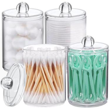 Imagem de Pacote com 4 suportes de acrílico Qtip, bancada organizadora de banheiro, acessórios de banheiro, conjunto de frascos pequenos de plástico transparente, para cotonetes, bolas, almofadas, palhetas de