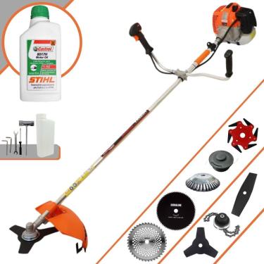 Imagem de Roçadeira  Vulcan VR620H À Gasolina 62cc 3HP de Potência Alta Rotação Com Carretel de Nylon + Kit 7 Opções de Cortes + ÓLEO STIHL 2 Tempos