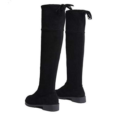 Imagem de Bigfanshu Botas femininas plus size acima do joelho inverno rebanho quadrado salto médio cadarço botas casuais atléticas acima do joelho botas anabela, Preto, 3.5