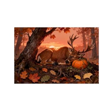 Imagem de Quadro arte parede outono-Árvore abóbora veado dormindo Impressões em tela paisagens-Pintura animais para sala estar decoração fazenda 20x30cm Sem Moldura