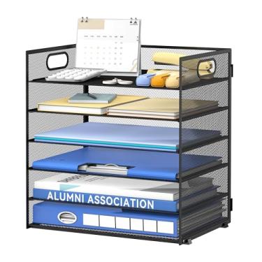 Imagem de Daltack Organizador de papel de 6 camadas para mesa, organizador de bandeja de papel para mesa, organizadores de arquivos de mesa de malha com alça para escritório, casa, escola, preto