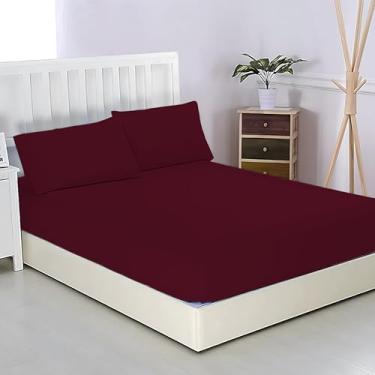 Imagem de Charlotte Lençol de elástico 100% algodão egípcio de fibra longa respirável de cetim em toda a volta – Colchão cabe em lençol Queen com bolso profundo de até 45,7 cm (bordô)