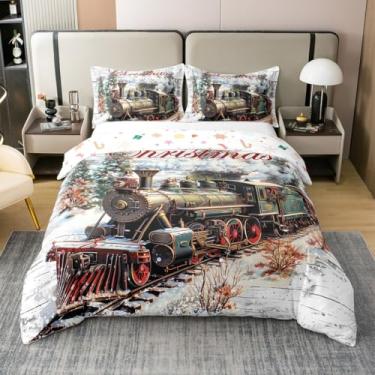 Imagem de Capa de edredom queen de algodão puro Merry Christmas, conjunto de cama macio de trem vintage, textura de madeira rústica, 3 peças (sem edredom), capa de edredom estilo fazenda, 2 fronhas