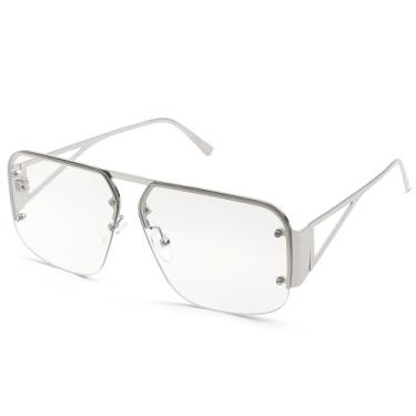 Imagem de Óculos de sol aviador feminino masculino moderno armação sem aro retrô quadrado grande metal, Prata., 60MM