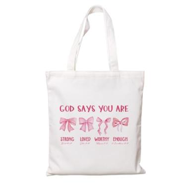 Imagem de Sacola de lona inspiradora religiosa - God Says You are Strong Loved Worthy Enough, bolsas de algodão cristão, bolsa de lona moderna, presente de afirmação para mulheres, presente de aniversário