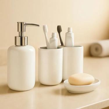 Imagem de Kit Banheiro 4 Peças em Cerâmica e Plástico com Dispenser Cromado 2 Porta-Escovas e Saboneteira – Organização e Estilo para Seu Lavabo (Branco)