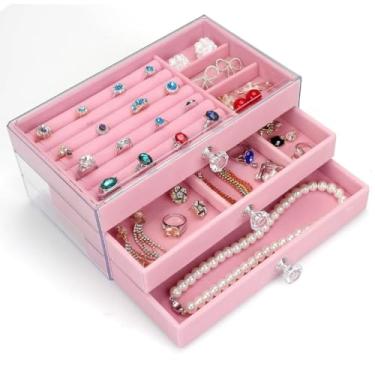 Imagem de Porta Joia Acrílico 3 Camadas Brinco Anel Compartimento caixa de armazenamento de jóias (Rosa 3 camadas (G) /Y490-38-RB)