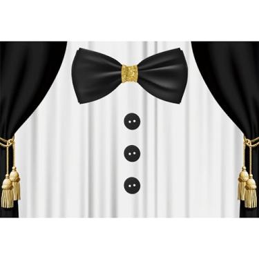Imagem de Baocicco 1,8 x 1,2 m, tema de terno de smoking branco e preto, cenário de festa de aniversário, cortinas pretas, botões de amarrar, fundo de fotografia, cavalheiros, chá de bebê, aniversário, carnaval