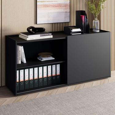 Imagem de Armário Baixo 158,5cm Porta de Correr e 2 Nichos em Mdp com Puxadores Corporate Preto