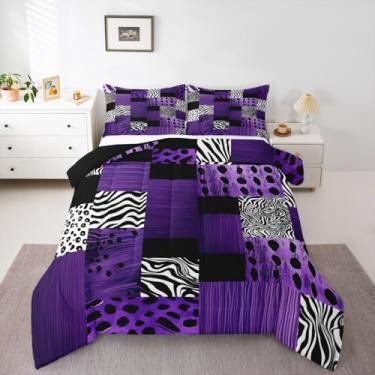 Imagem de Feelyou Conjunto de edredom Queen com estampa de animal roxo e leopardo, para crianças, meninos, meninas, zebra, abstrata, decoração de quarto, microfibra, 3 peças com 2 fronhas
