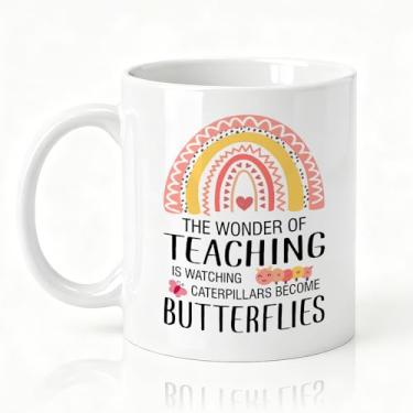 Imagem de SRWNFOS Caneca de cerâmica The Wonder Of Teaching Is Watching Caterpillars Become Butterfles, xícara de chá engraçada para mulheres professoras, presentes de agradecimento para professor, colega de