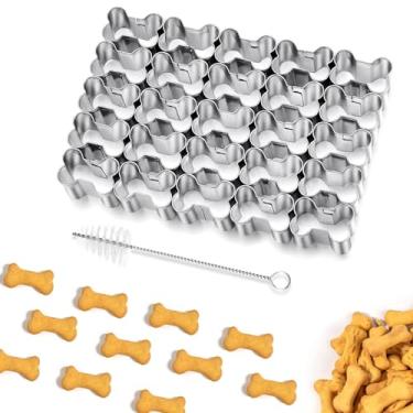 Imagem de Cortador de biscoito de osso de cachorro, mini moldes de biscoito com escova de limpeza, cortadores de biscoito de osso de cachorro pequeno de 25 cavidades para petiscos, molde de aço inoxidável para