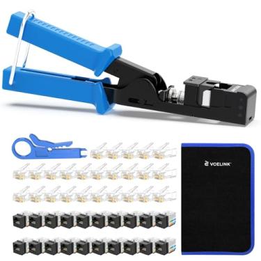 Imagem de VCELINK Ferramenta de terminação de velocidade para conectores Keystone de 90 graus VCE com 20 conectores CAT6 Keystone listados na UL, 25 conectores RJ45, pacote com 1 mini descascador de fios azul