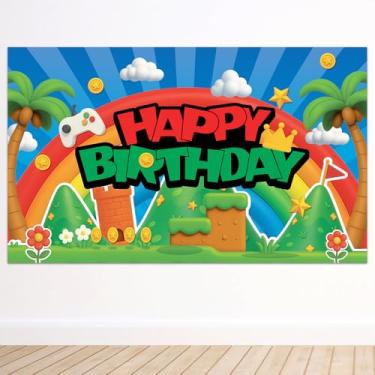 Imagem de Cenário de Feliz Aniversário para Videogame, 90x150 cm Decoração Mesa Bolo Videogame Suprimentos para Festa Aniversário