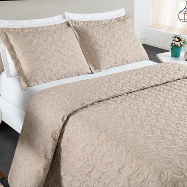 Imagem de Kit Cobre Leito Colcha Tendência Queen 3 Peças Micropercal 200 Fios Bordado Premium - Cáqui