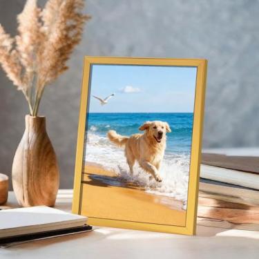 Imagem de Porta-retrato 10 x 15 cm, estilo moderno, para parede e mesa, suporte decorativo para fotos, acabamento minimalista, brilhante, ideal para casa (ouro)