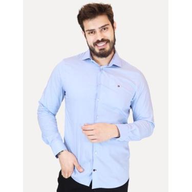 Imagem de Camisa Tommy Hilfiger Masculina Slim THFlex Poplin Azul Claro Tamanho: