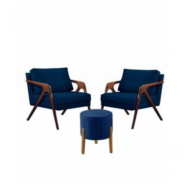 Imagem de Conj. 2 Mona Com 1 Puff Madeira Maciça Veludo Moderna Cor:azul